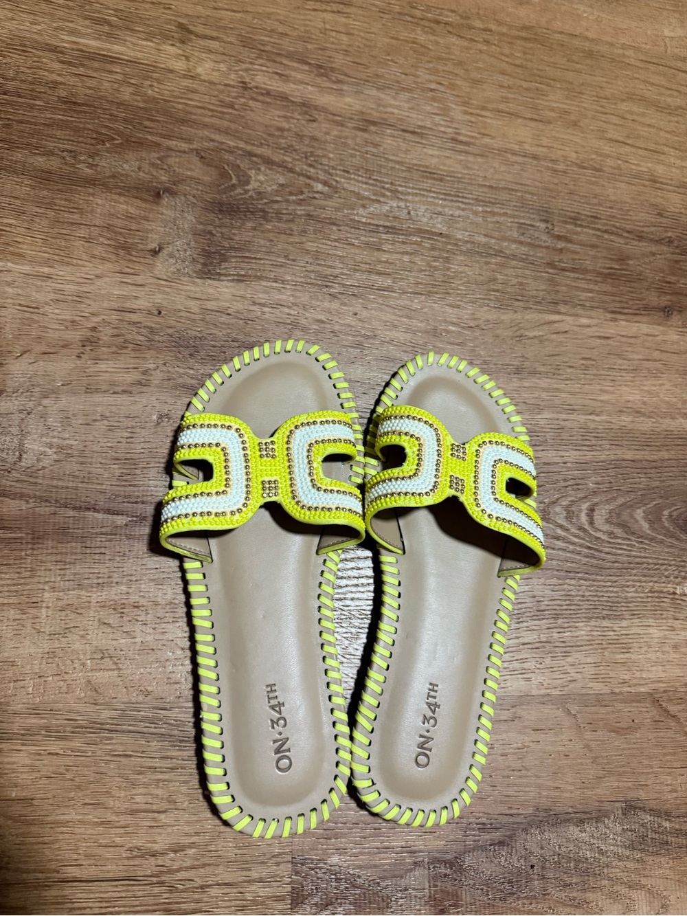 Neon Yellow Beaded Slide Sandals